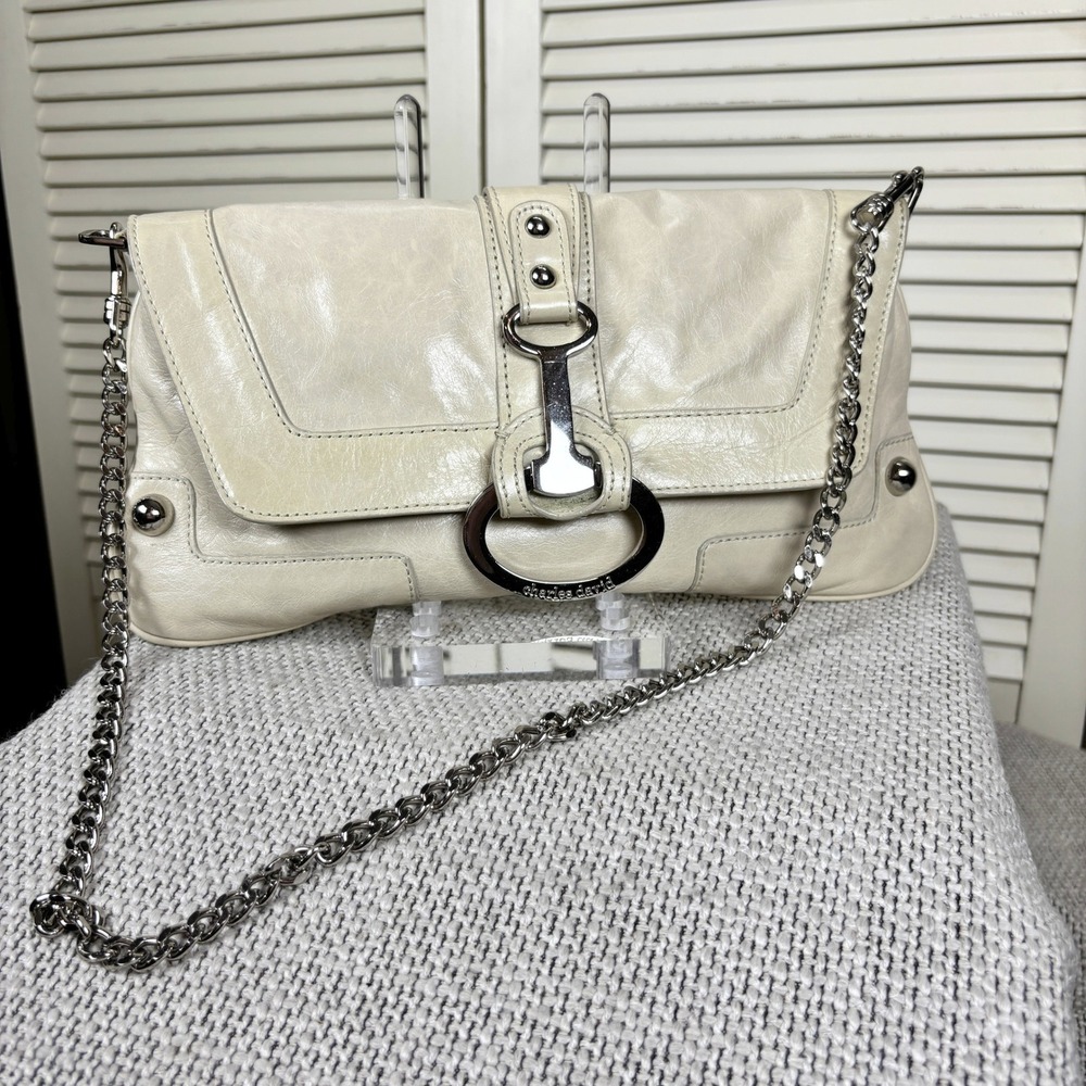 Luxe Y2K Charles David Statement Cream Leather Shoulder Bag Silver Chain‎ Purse